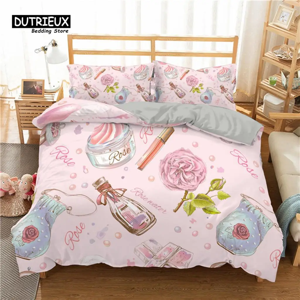 

Fashion Bedding Set Makeup Cosmetic Theme Duvet Cover Polyester Perfume Lipstick Nail Polish Brush Print Quilt Cover King Size