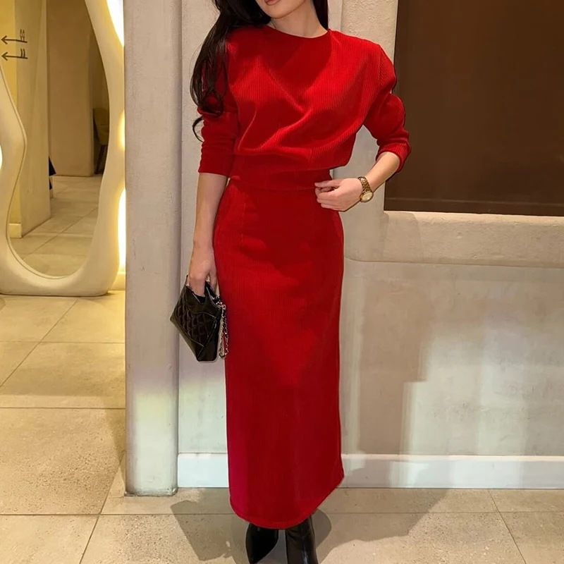 Women 2 Piece Knitted Outfit Set Shoulder Pad Long Sleeve Round Neck Ribbed Top High Waist Midi Skirt Chic Casual Matching Suit