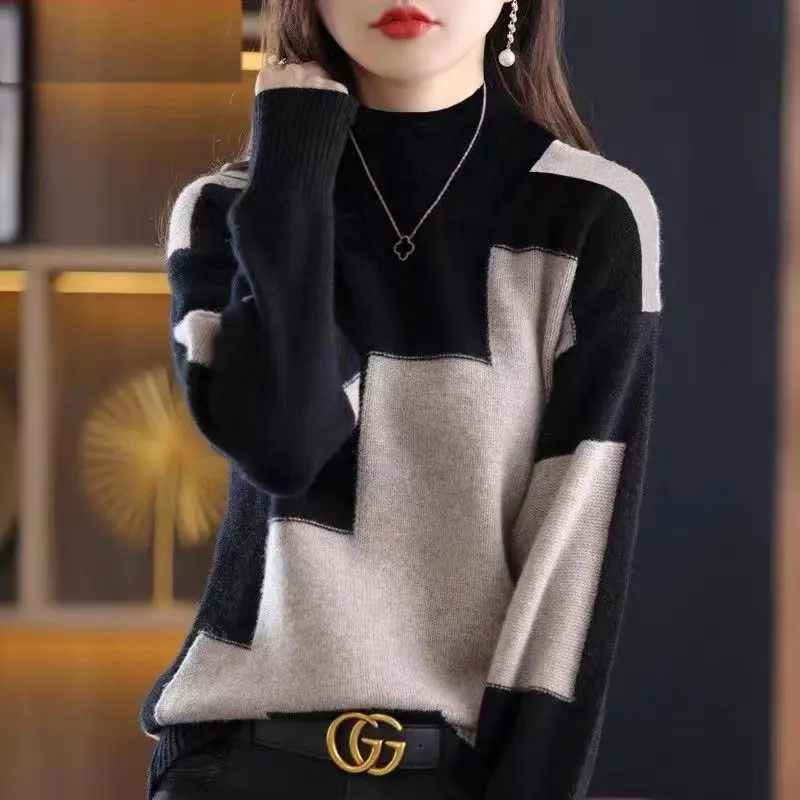 Women\'s Autumn Winter Round Neck Contrasting Solid Screw Thread Flocked Long Sleeve Sweater Knitted Undershirt Casual Loose Tops