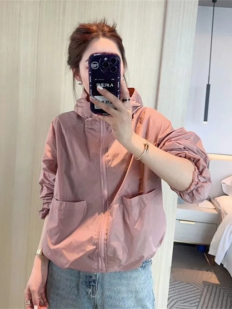 

Women's Fashionable Zipper Short Sleeve Collar Jacket Double Pocket Breathable Sunscreen Outerwear Windbreaker Coat