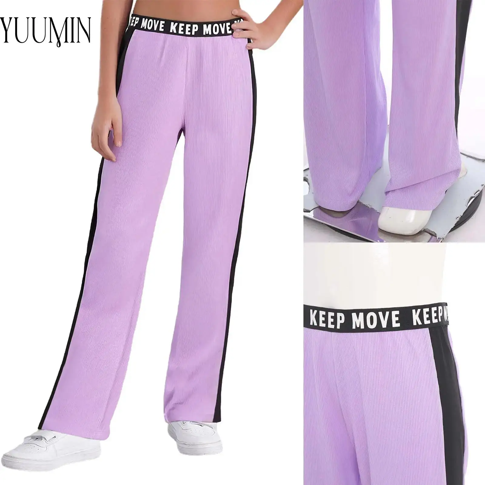 

Girls Stretchy Color Block Ribbed Fitness Pants Letter Printed Elastic Waistband Athletic Trousers for Sports Running Workout