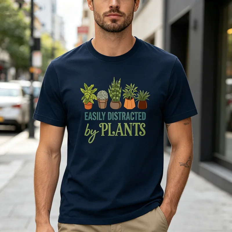 Easily Distracted By Plants T-Shirt Indoor Plants Gardening  Funny Plant Print For Men Women Soft Cotton Crew Neck Short Sleeve