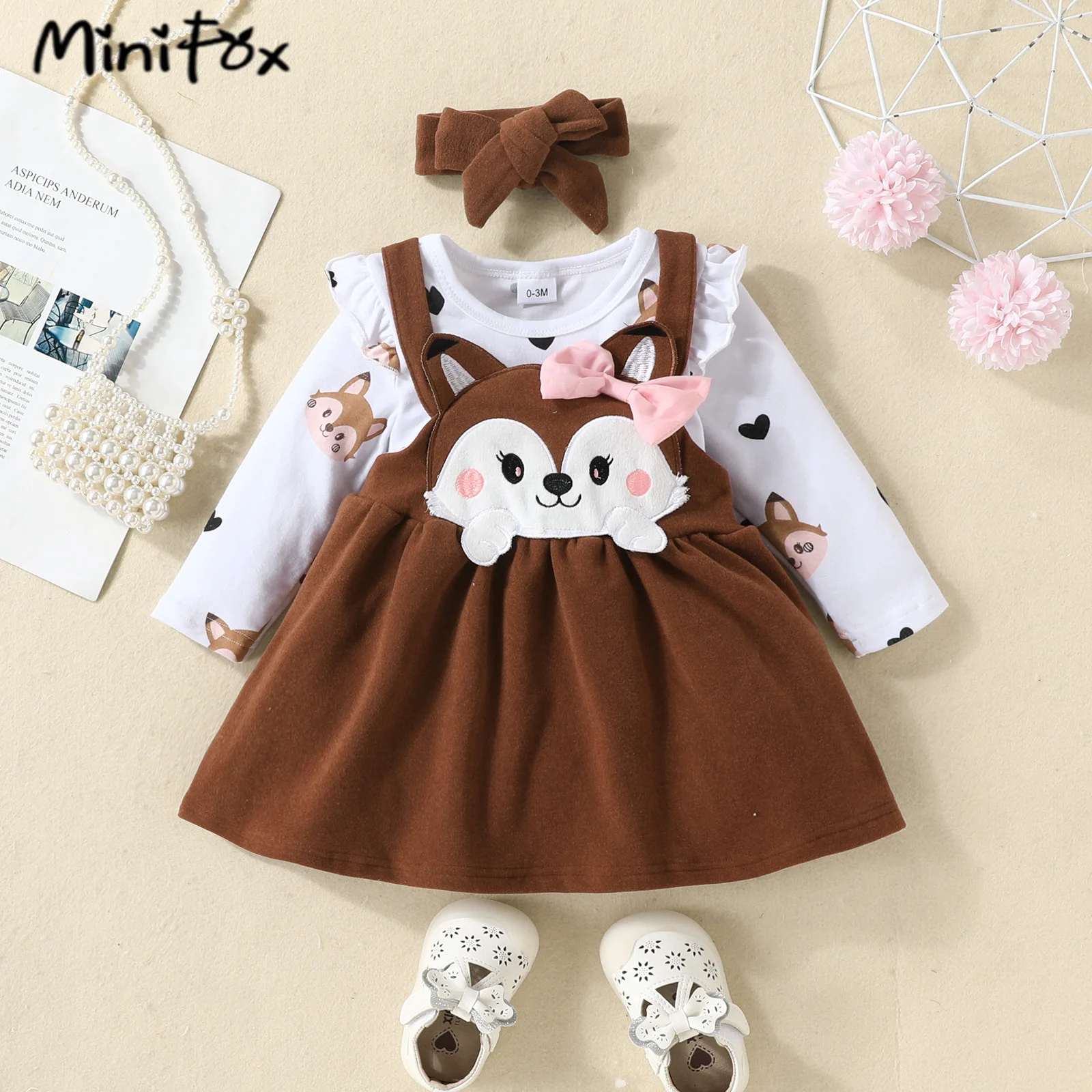 MiniFox Spring Cartoon Baby Dresses White Heart Bodysuit and Cute Fox Dress For Girls Infants Kids Baby Clothes Outfit Sets