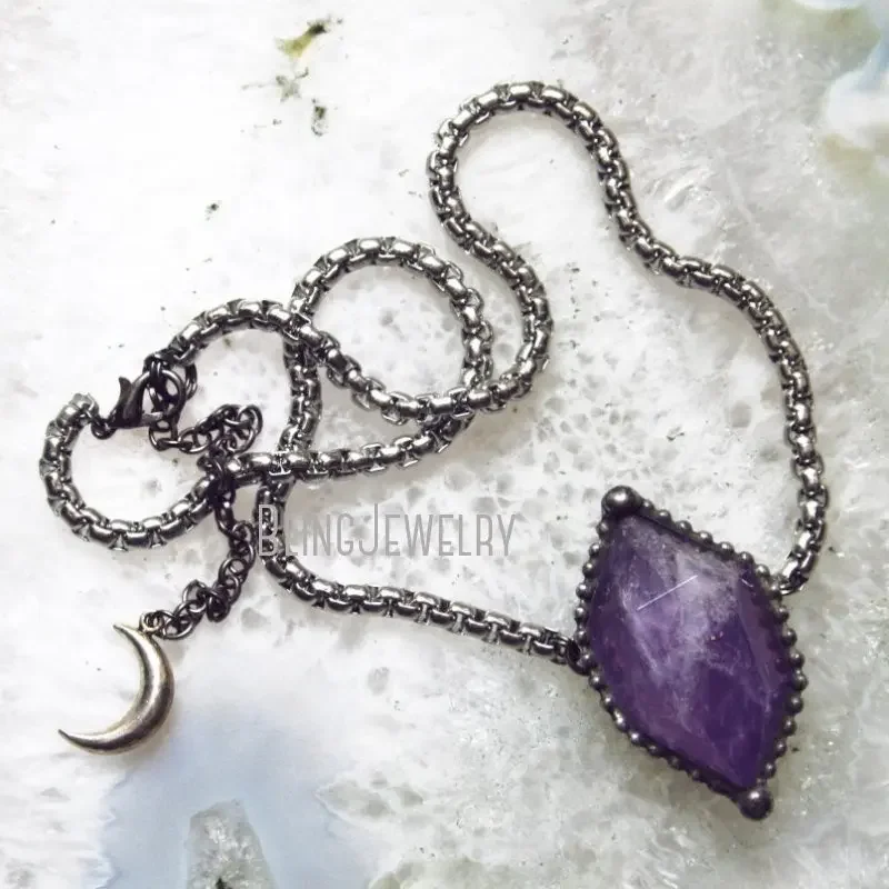 10pcs Amethyst Point Necklace Women Purple Crystal Choker Halloween Goth Gothic Stainless Steel Chain Collares Y2k Emo Jewelry