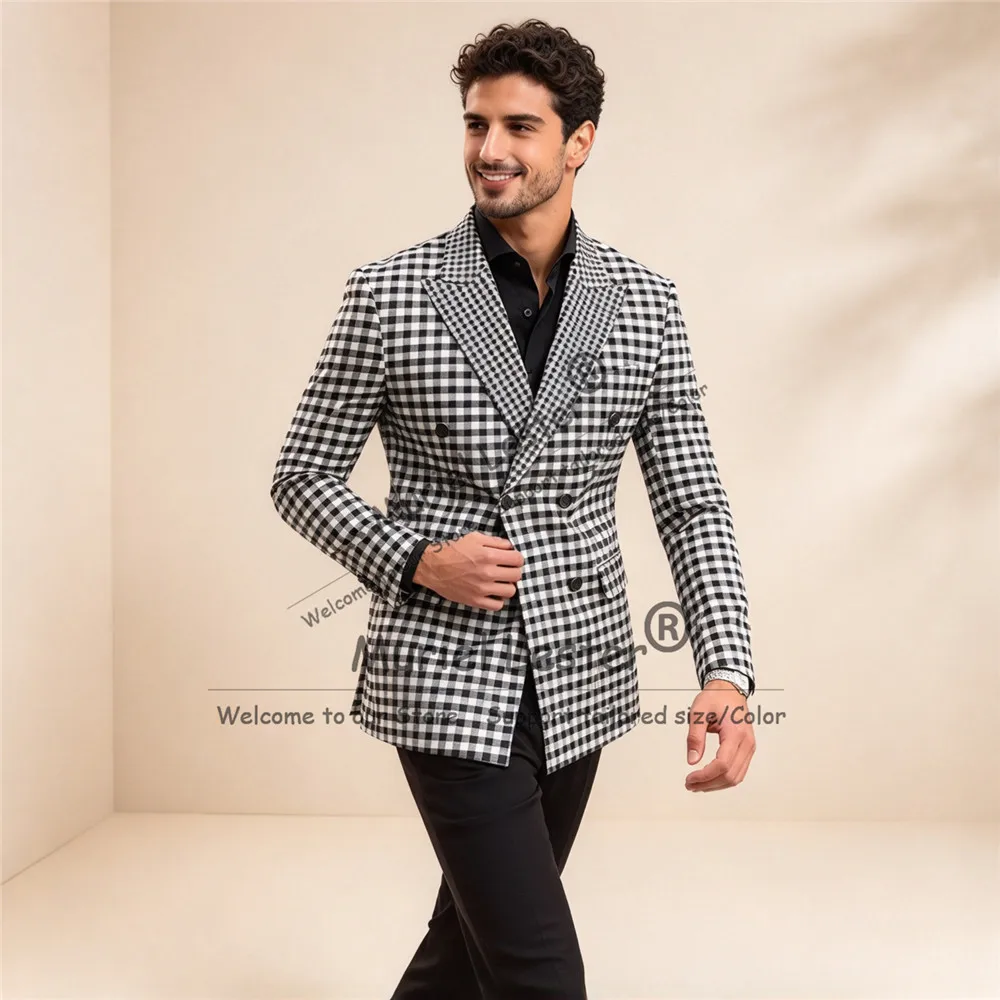 Modern Men's Suit Set Houndstooth Jacket With Black Pants 2 Piece Sets Double Breasted Man Daily Wear Customized Groom Tuxedo