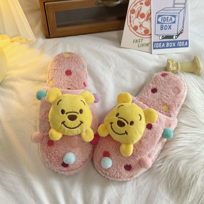 Cartoon Large size Sweet Winnie Bear Cotton Slippers Winter Girl Heart Colorful Ball Home Baotou Shoes Anti slip Lightweight