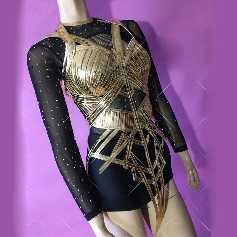 2 Piece Stretch Outfit singer dance Costume Nightclub show Golden hollow Outfit Black base Rhinestones Bodysuit Women