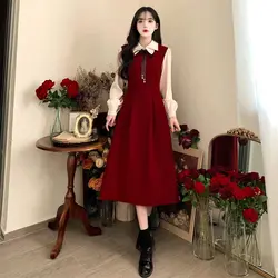 Collare per bambole in velluto a coste di grandi dimensioni abito in due pezzi finto donna nuovo vestito lungo stile Hepburn con cintura in vita autunno e inverno