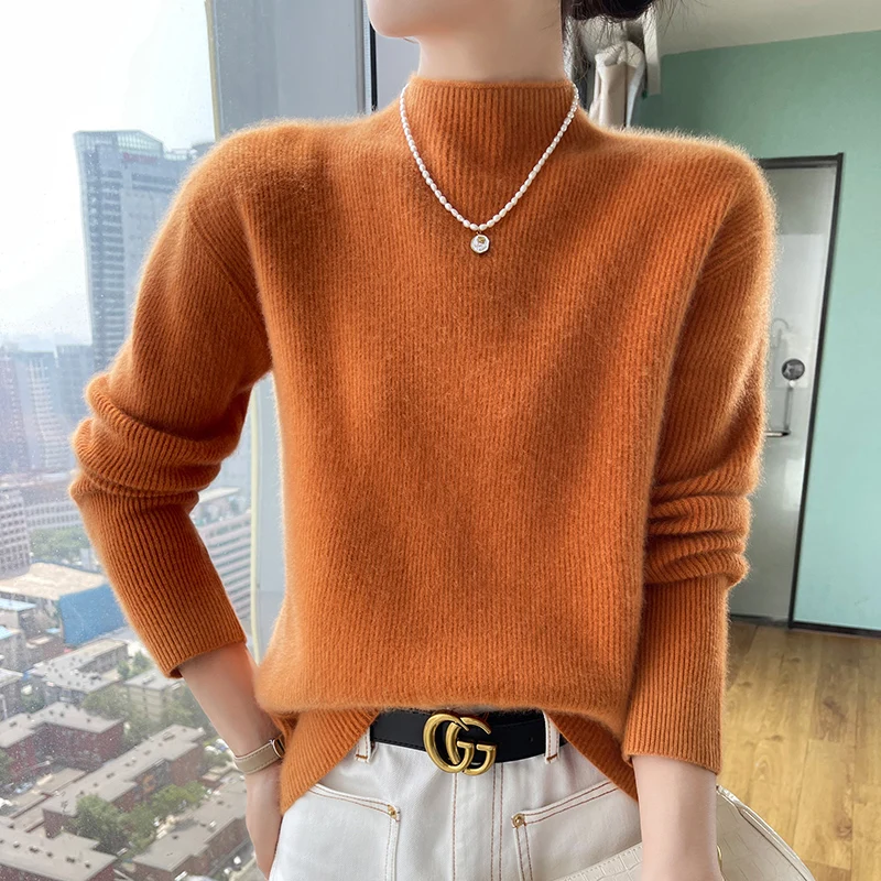 100%Wool Winter Tight Fitting Slim Fit Thickening Tops Pullovers Casual Womens Long Sleeve Keep Warm Knitting Ladies Sweater