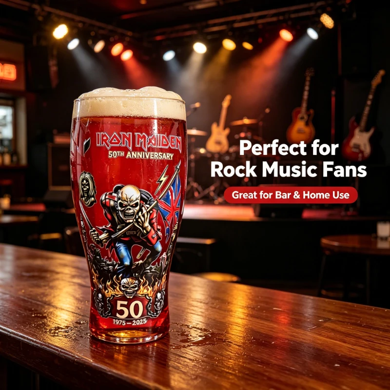 Iron Maiden 50th Anniversary Red Pint Glass 500ml Rock Band Eddie Beer Cup Collectible Drinkware for Home Bar Fan Gift
