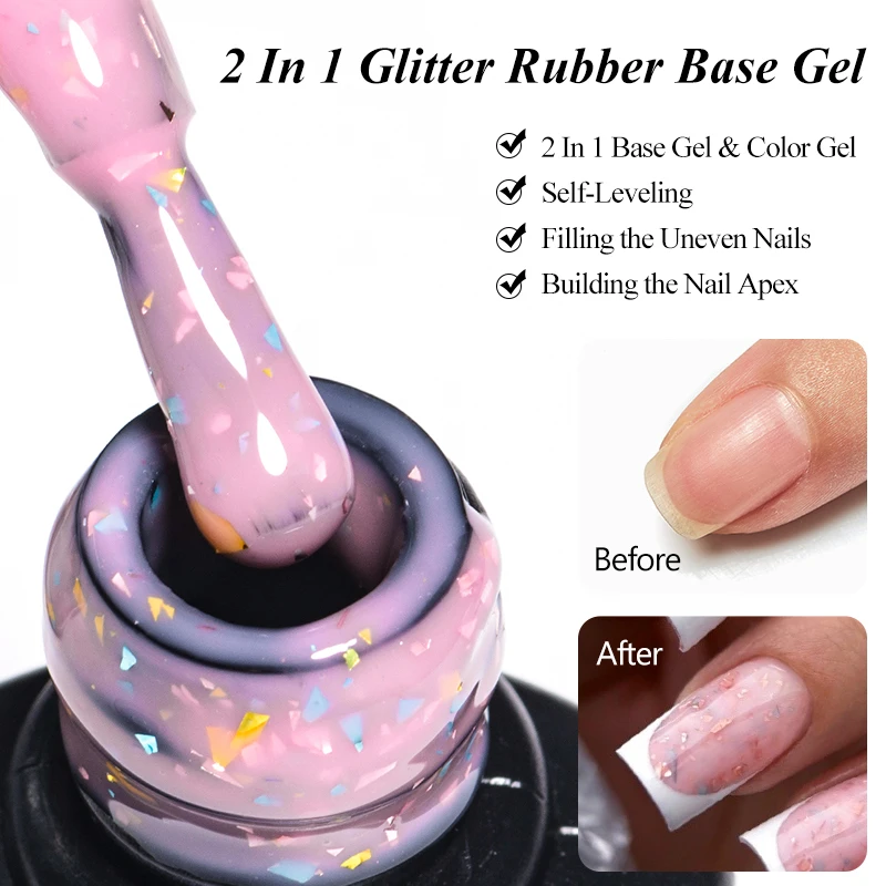2 In 1 Macaron Color Glitter Rubber Base Gel Nail Polish Semi Permanent Soak off Self Leveling UV LED Gel Varnish Nail Supplies