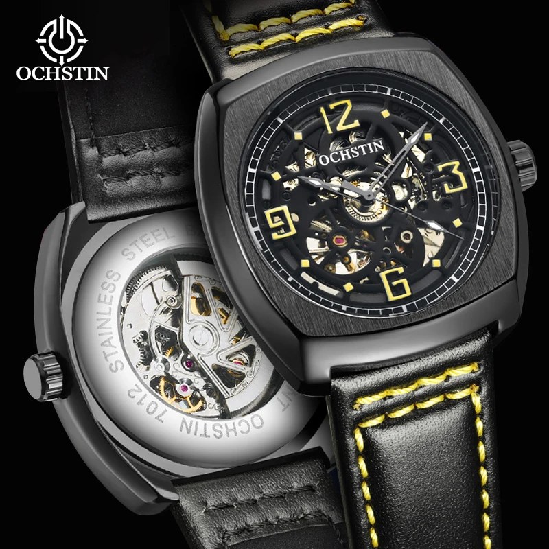 

Мужские часы OCHSTIN, автоматические механические, винтажные, с корпусом в форме подушки, в стиле стимпанк, светящиеся, мужские часы, военные, спортивные, с кожаным ремешком
