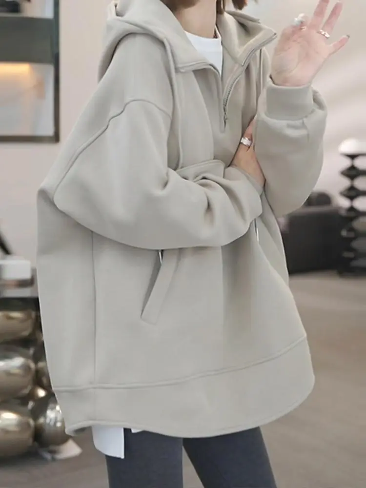 

Laid-ba Sle Loose Fit Hoodie Women's Pure Color Long Sve Zip-Up Casual Comfortable Polyester Sweatirt Autumn New Arr...