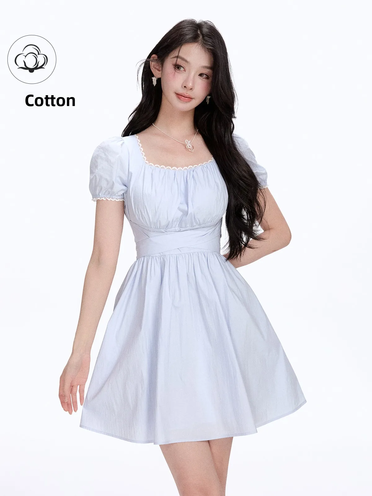 

Sweet Lace Splice Bubble Sve Square Collar Dr Women's A-Line Dr Cotton Nylon Blend ort Sve Summer New