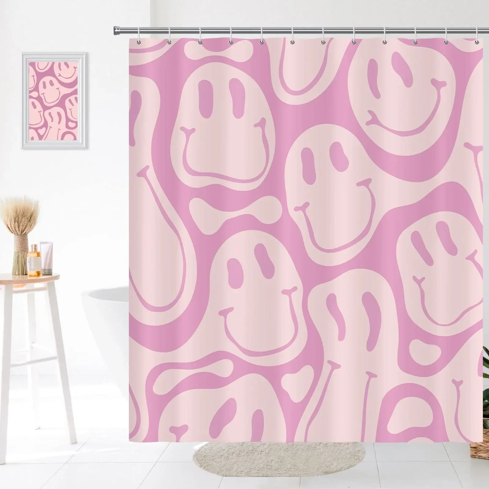 Retro Shower Curtains 60s 70s Vintage Waterproof Polyester Fabric Bathtub Curtain Smile Face Pink Aesthetic Bathroom Curtains