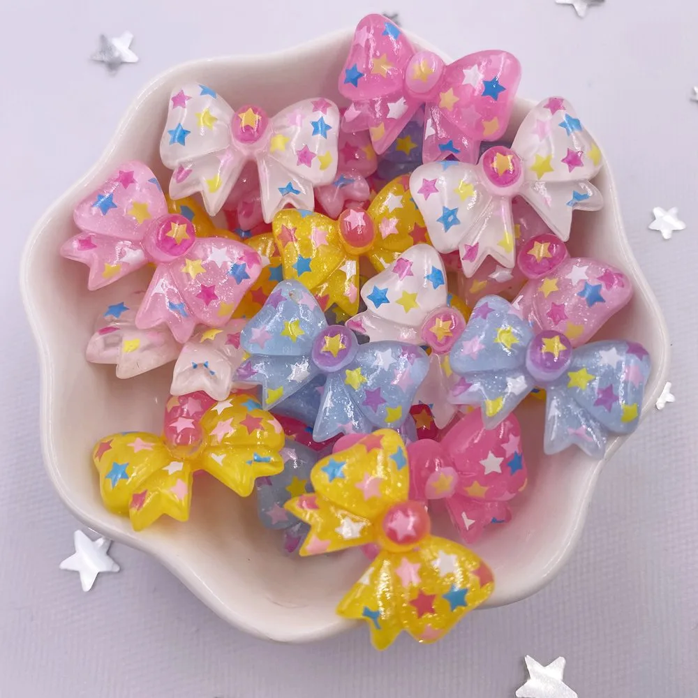 20PCS Resin Kawaii Colorful Glitter Star Bow Flatback Rhinestone Figurine Scrapbook DIY Decor Home Accessories Crafts OM12