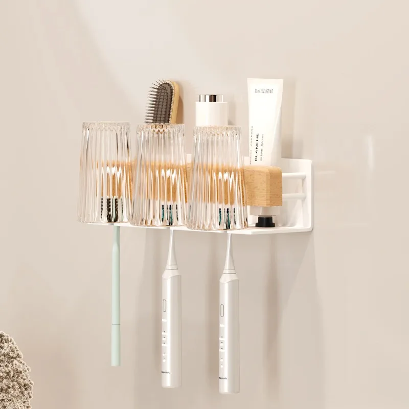 Wall Mounted Wood Electric Toothbrush Holder Punch-free Bathroom Organizer Shelf for Toothpaste Razor Cup