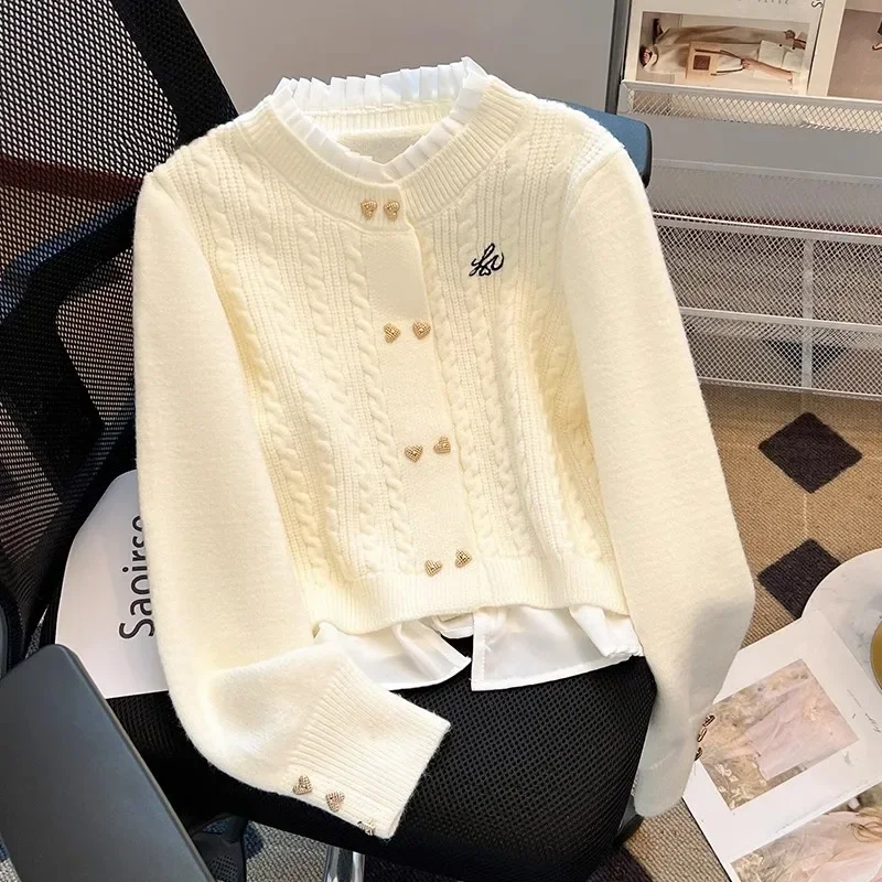 Autumn Winter New Stand Collar Fake Two-Piece Wooden Ear Wmbroidered Top Christmas Party Red Fashion Warm Knitted Sweater Women