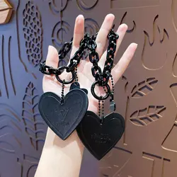 Fashion Black Leather Love Heart Keychain Cartoon INS Personality Bracelet Chain Cool Pendant Keyring Couple Bag Charm Ornaments