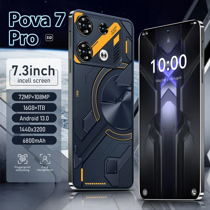 

Original 5G Mobile Phone Pova 7 Pro Smartphone 7.3 HD Screen 16G+1T 6800Mah 72MP OTG Android13 Dual SIM Face Unlocked Cellphone