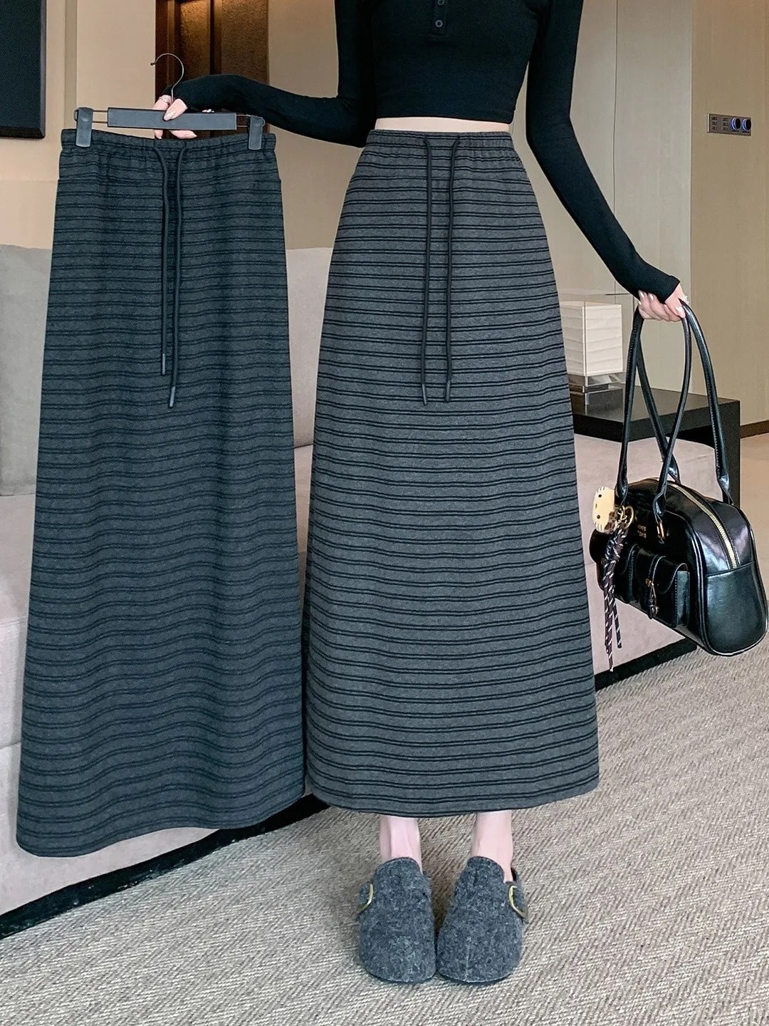 High Waist Thick Striped Umbrella Skirt for plus Size Women Autumn Winter Korean Style Half Body Skirt Commute Style
