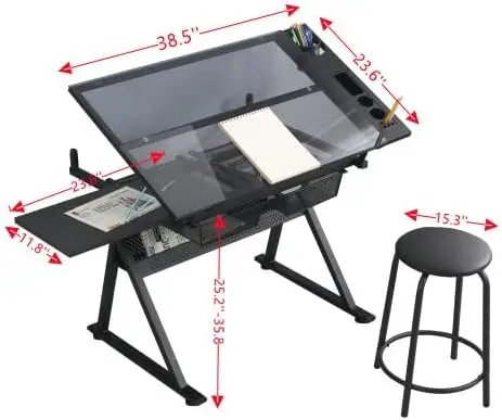 Glass Drafting Table Art Desk – Adjustable Professional Artwork Drawing Drafting Table Desk, Glass-Topped Art Table for Craft Station Studio Home Office School With Drawers (Black)