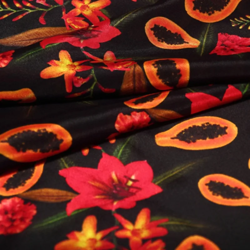 

Тонкая шелковая крепдешинская ткань шириной 110 см, 12 мм, с цветочным принтом папайи на черном цвете для шитья своими руками, летние платья, брюки, пижамы R1835