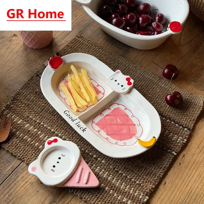 Cartoon Cat Kids Ceramic Tableware Set, Underglaze Color Rice Bowl Divided Plates for Girls