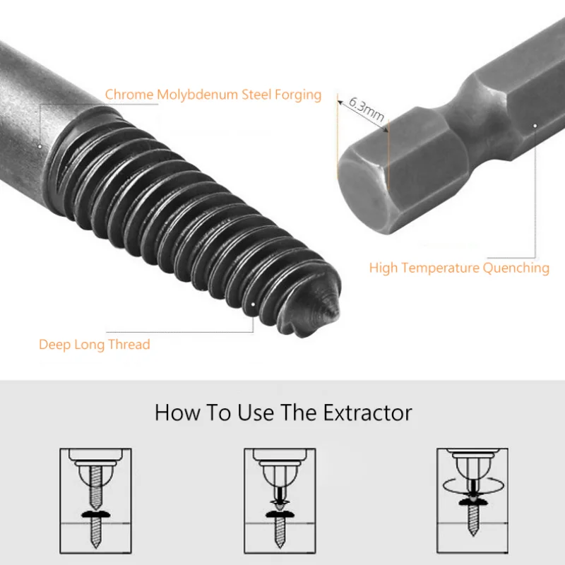 Extrator de parafuso centro brocas guia conjunto quebrado danificado parafuso removedor hex haste e chave para ferramenta mão quebrada