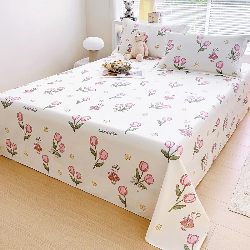 Pink Flower Bunny Pattern Bed Sheet Set 100% Cotton Bedding Set Soft Skin Friendly Breathable Bedspread with 2 Pillowcases