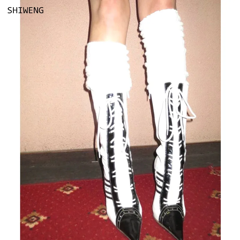 

2025 Women Pointed Toe Black and White Sexy Lace up Knee High Boots Punk High Heels Leather Long Boot Luxury Women Shoes 44