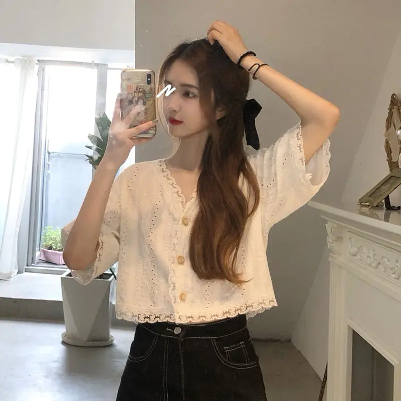 Women Summer Simplicity Hollow Out Sweet Fashion Solid Color V-neck Short Sleeve Shirts Women Clothes Casual All-match Top Tee