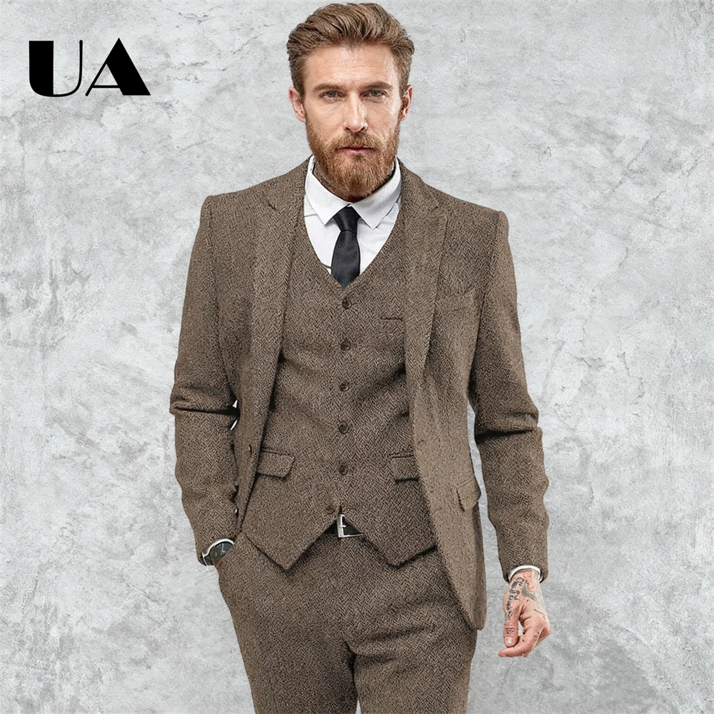 Chevron Mens Formal Suit Set, Three Pieces Business Suits (Jacket Vest Pants) One Button Suit Jacket Slim Fitting Tuxedo