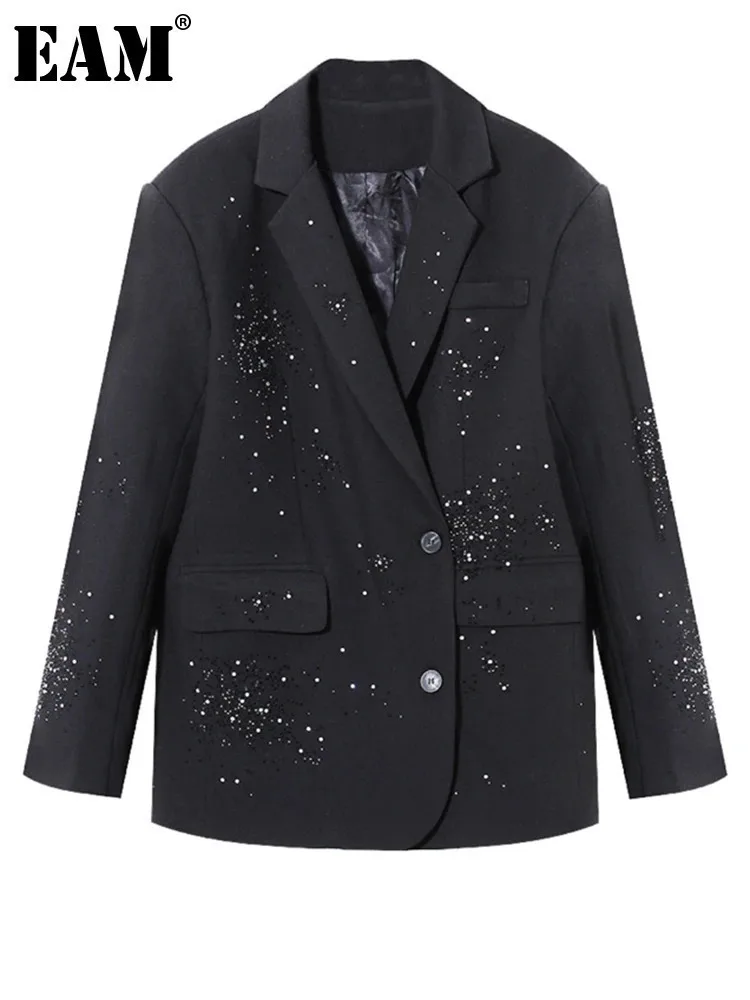 

[EAM] Women Black Rhinestones Shining Big Size Elegant Blazer New Lapel Long Sleeve Jacket Fashion Spring Autumn 2024 7AB3822