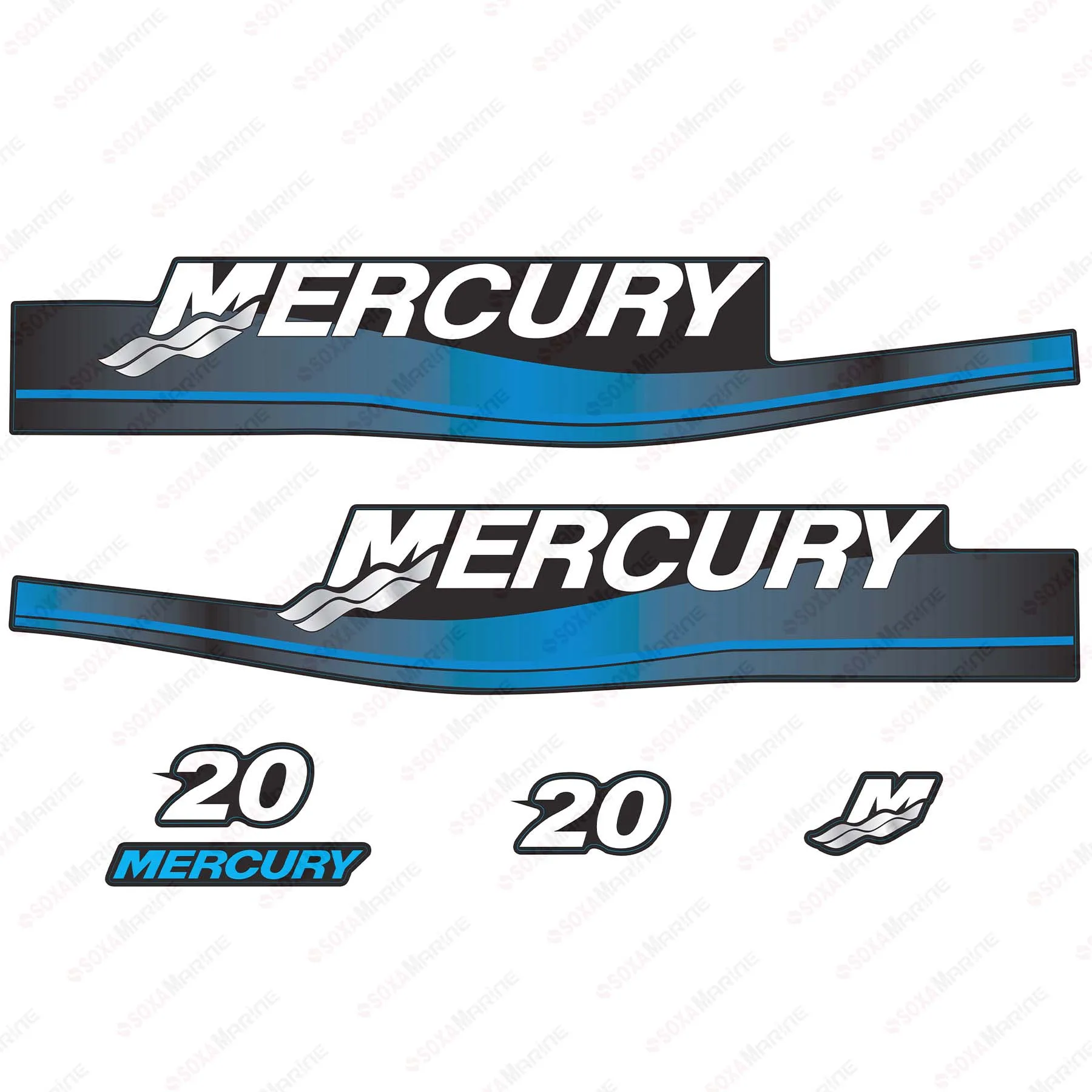 Blue Decal Kit Sticker Set for Mercury 20 HP 2-Stroke 1999-2006 Year Outboard Engine Reproduction 20hp 2-Stroke