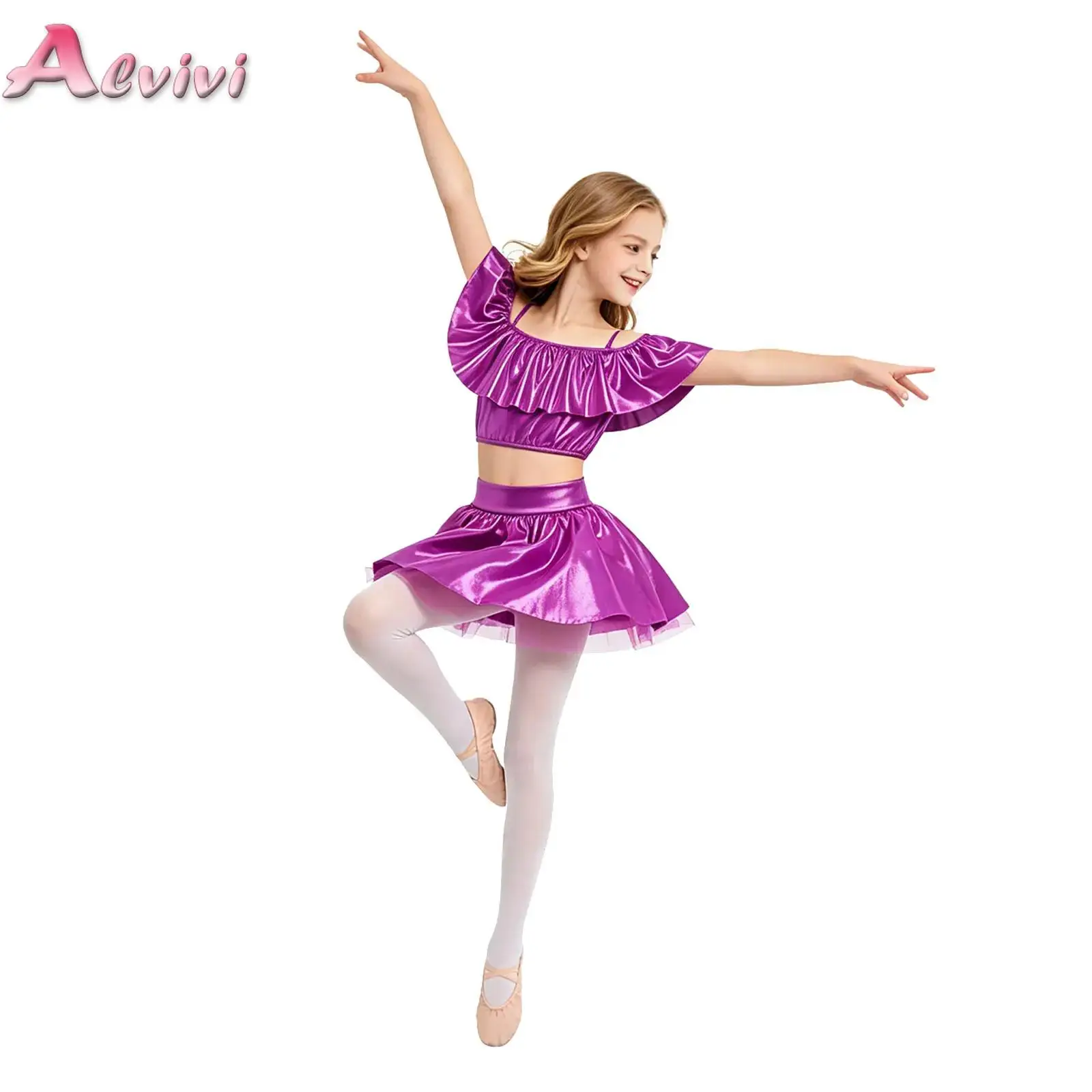 Kids Metallic Jazz Dance Performance Outfit Shiny Ruffles Crop Top Tutu Skirt for Girls Disco Hip Hop Ballet Dance Costume