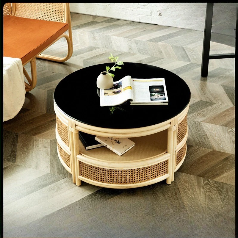 European Light Luxury Rattan Storage Round Coffee Table – Indonesian Genuine Rattan Table for Living Room & B&B