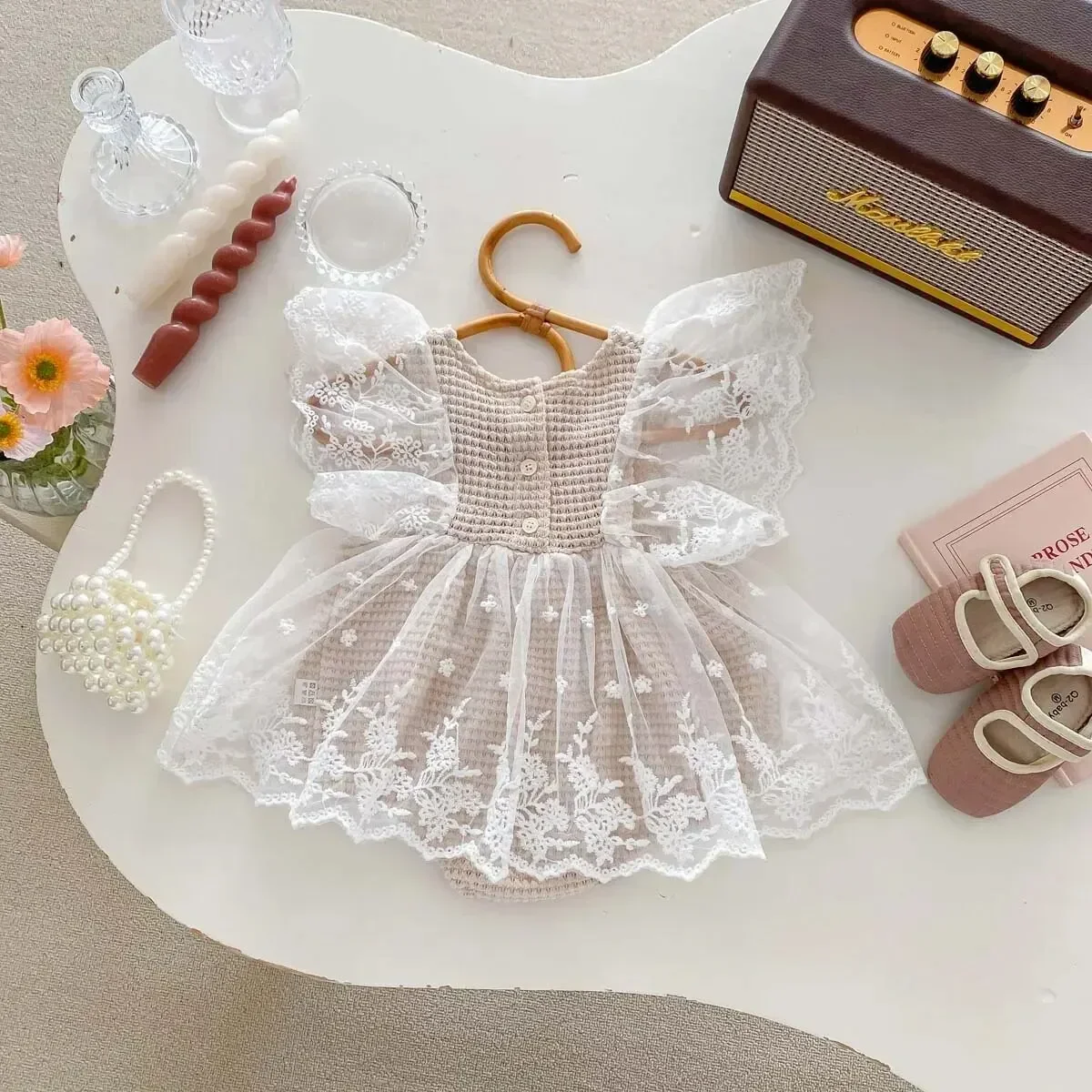 Baby Girl's Waffle Grid Lace Romper Dress: Korean Style Chic Outfit for Summer Outings