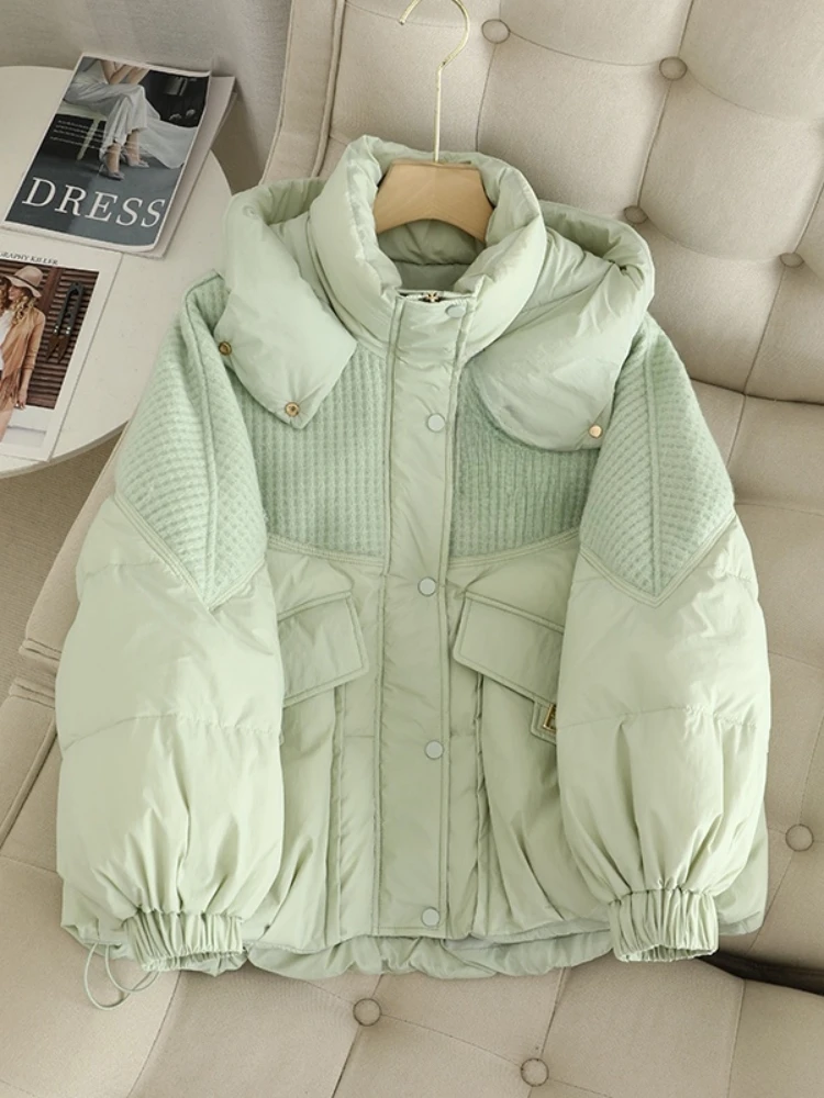 

2025 New Women‘s Cotton Coat Loose Fashion Koean Style Autumn Winter Patchwork Knitted Warm Parkas Hooded Female Short Jacket