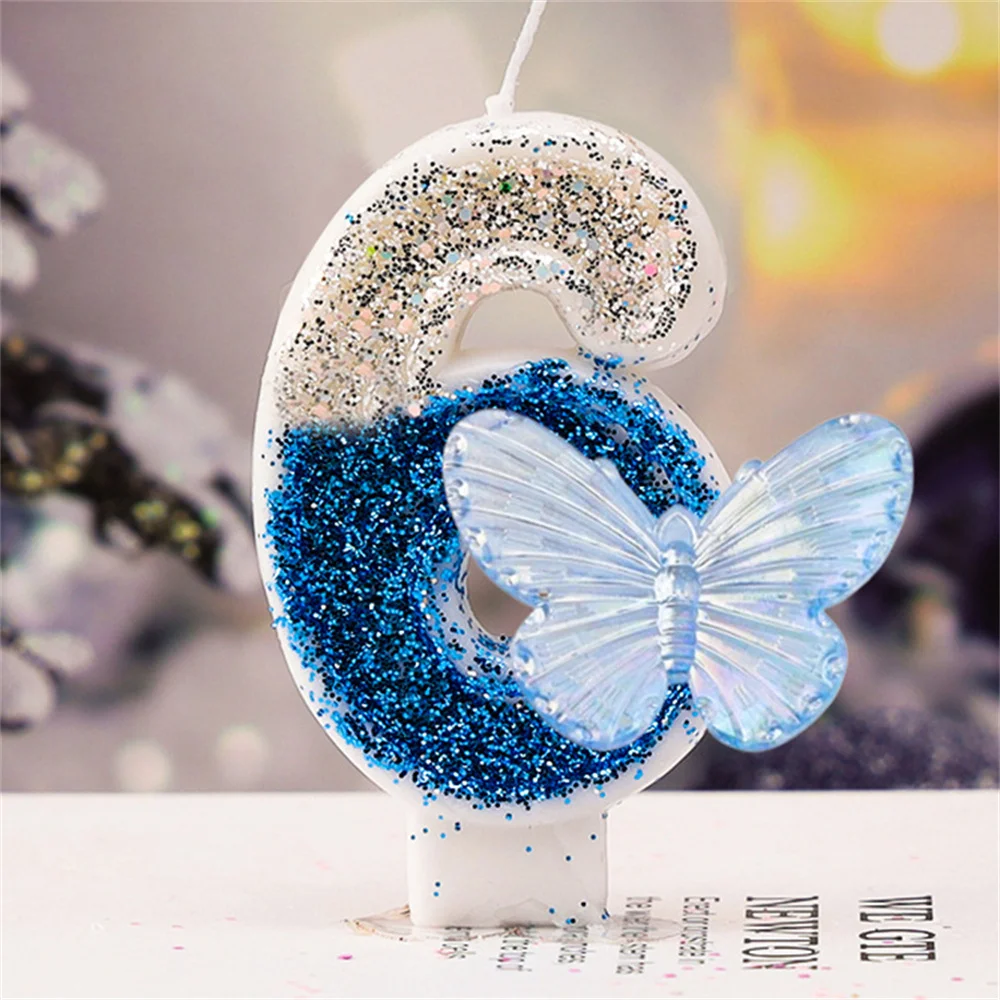 Number 0-9 Birthday Candle Blue Butterfly Themed Cake Candle for Birthday Party Large Cute Candles for Cake Topper Decoration