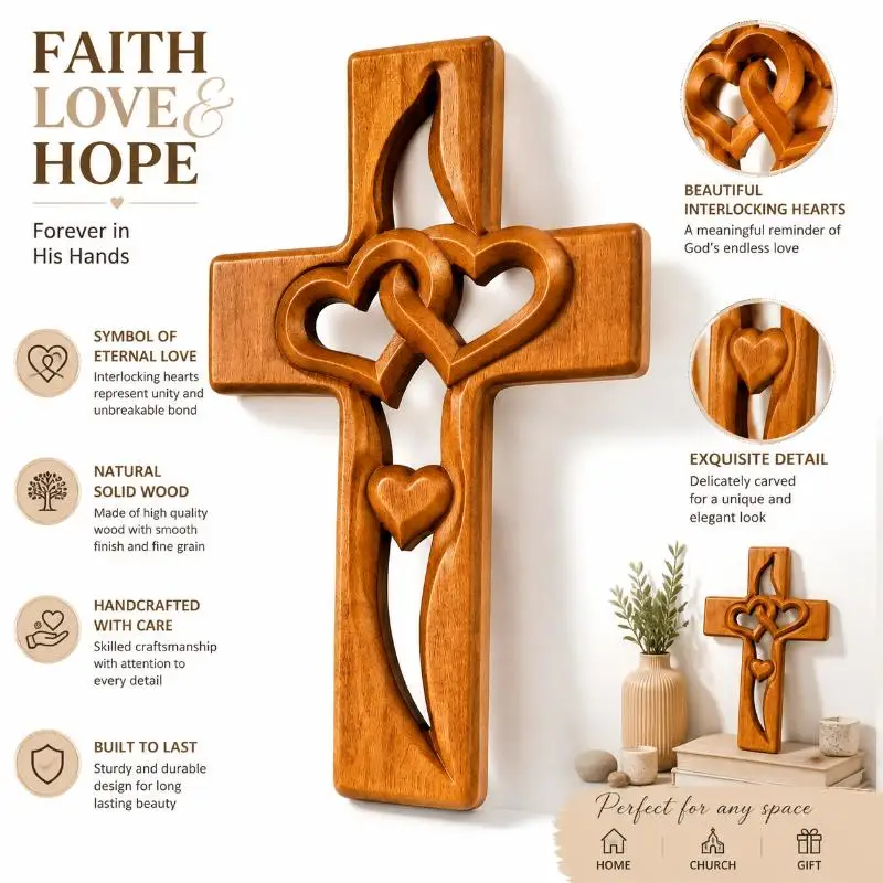 Hand-Carved Intertwined Hearts Cross Wall Decoration Rustic Wooden Double Hearts Cross Wall Sculpture Religious Decor
