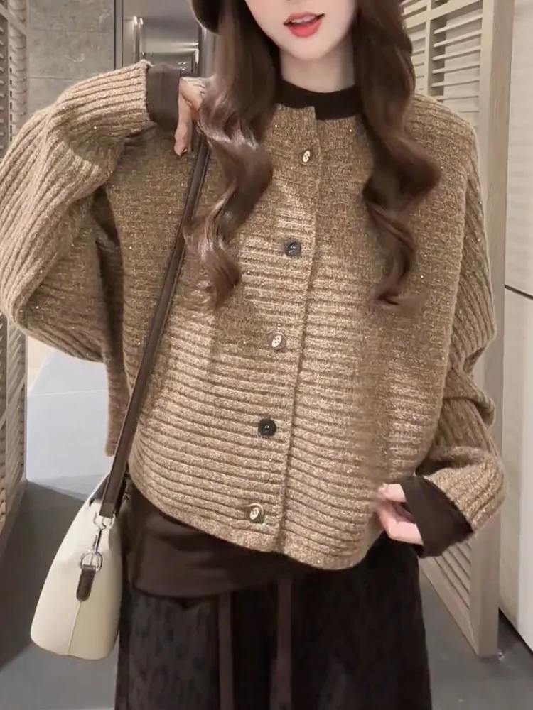 

Корейский модный кардиган с круглым вырезом и пайетками, универсальный, стройнящий, больших размеров, осенне-зимняя новинка