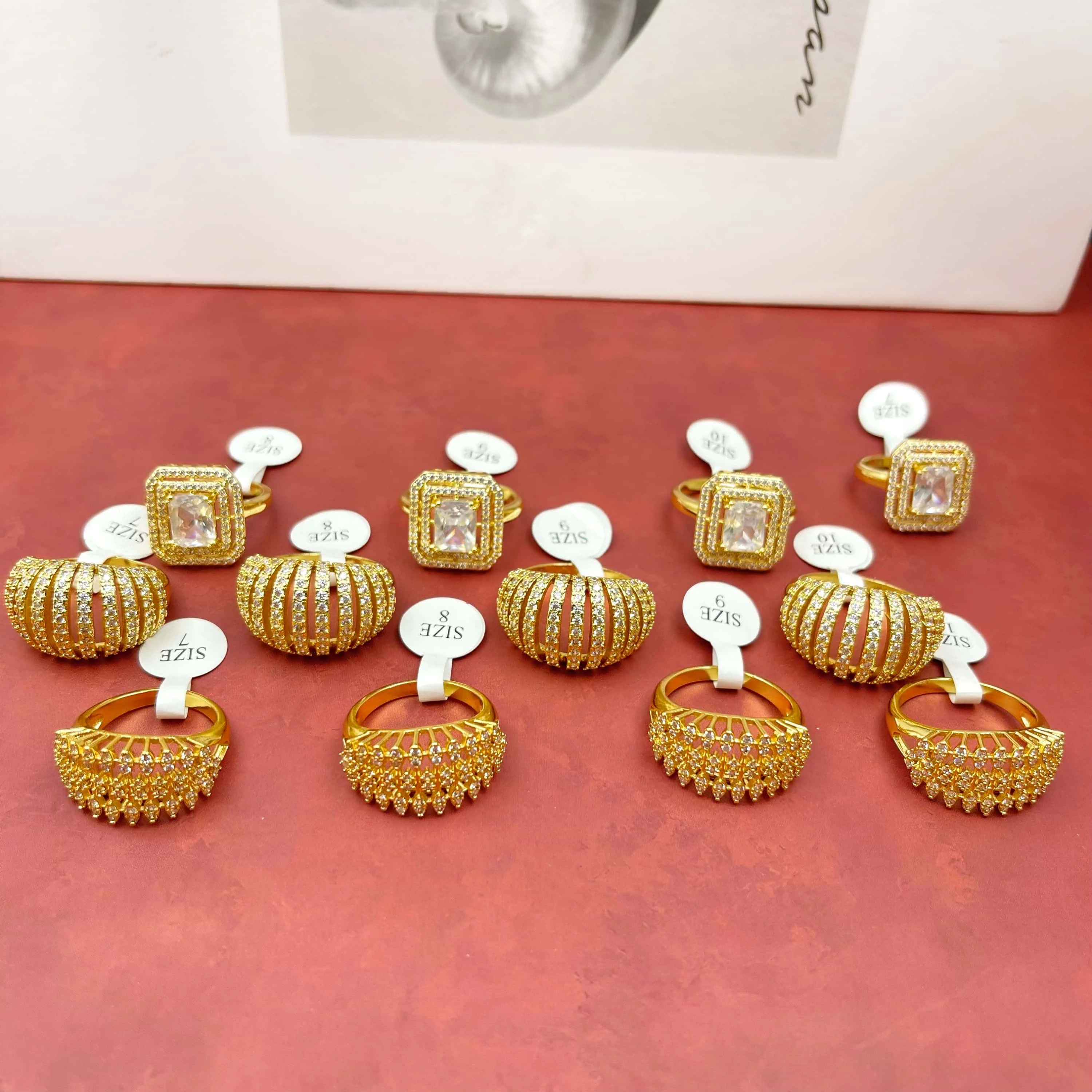 12Pcs Pave Rhinestone Wide Rings, Square/Striped/Drop 3 Styles Mixed Alloy Golden Tone Fashion Jewelry Size 7-10