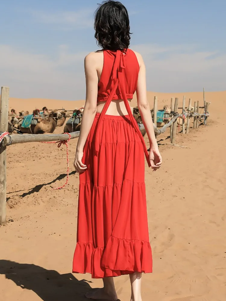 Jastie 2025 Abito estivo da donna in chiffon Abiti lunghi da spiaggia bohémien Abito lungo sexy con ricamo etnico Boho a vita cava