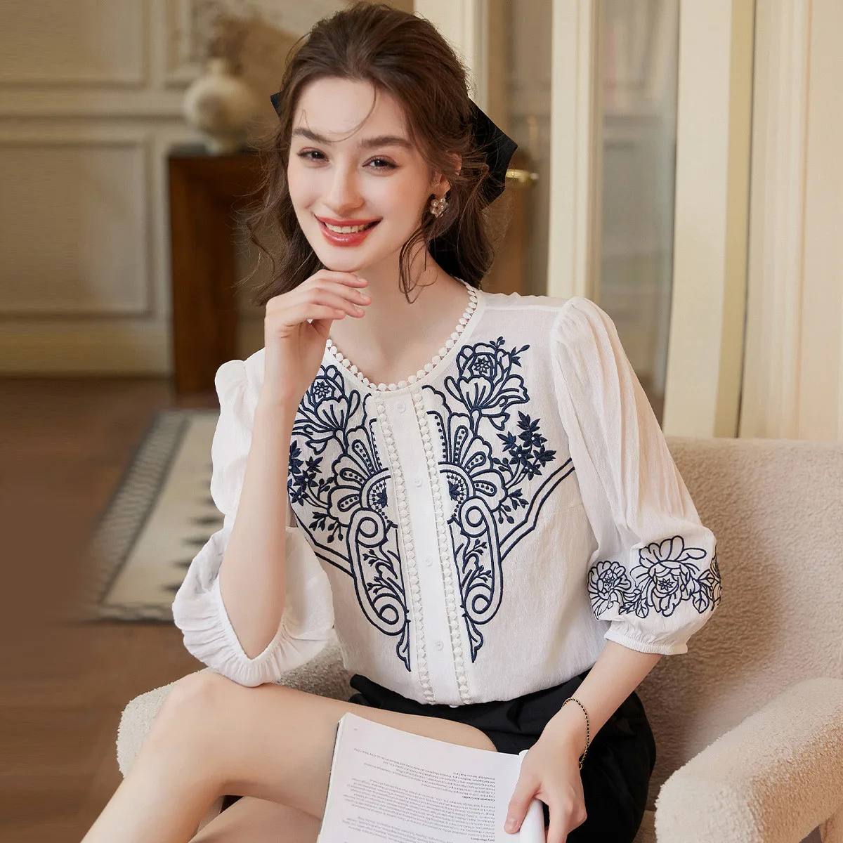 LOUIS YAO French Relaxed Vibe Women Blouse 2026 Spring Summer Blue& White Porcelain Embroidery Loose 3/4 Sleeve Shirt For Women