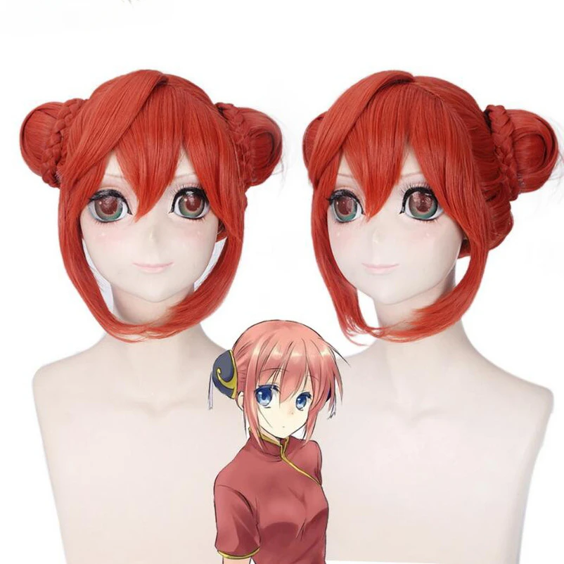 Peluca de Cosplay de Anime Gintama Kagura con moño plateado Soul, pelucas cortas de color naranja y rojo, fibra resistente al calor, pelo sintético falso