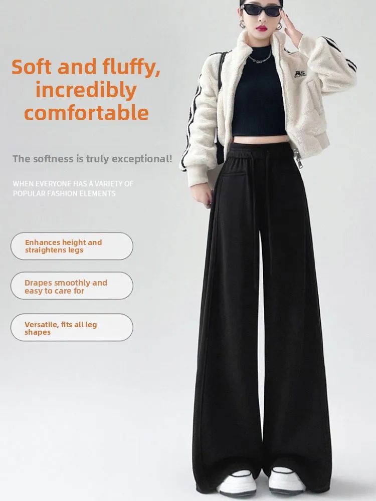 กางเกงขายาวเอวสูงทรงหลวมสไตล์ลำลองสำหรับผู้หญิง รุ่นใหม่ประจำฤดูใบไม้ร่วงและฤดูหนาว ทรงตรงแบบกางเกงก๋วยเตี๋ยว