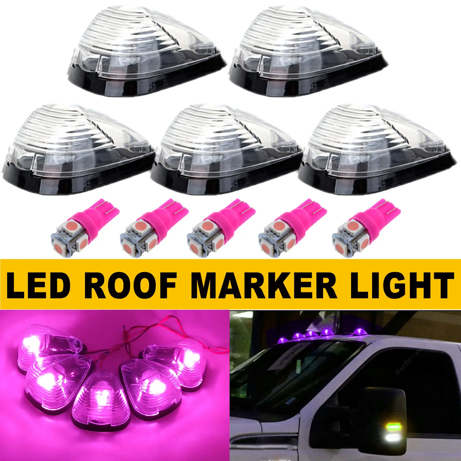 Clear Lens Pink/Purple LED Top Cab Roof Marker Running Lights Bulbs Kit For 1999-2016 F250 F350 F450 Super Duty