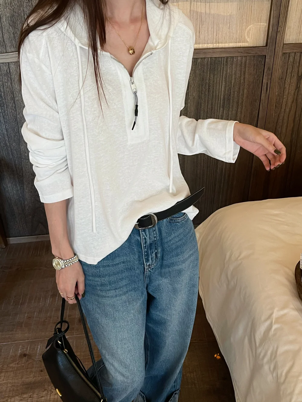 Moore than Autumn New Lazy Style Hooded Zipper Snowflake Cotton  Color T-Shirt Simple Net Version Loose Women's Top