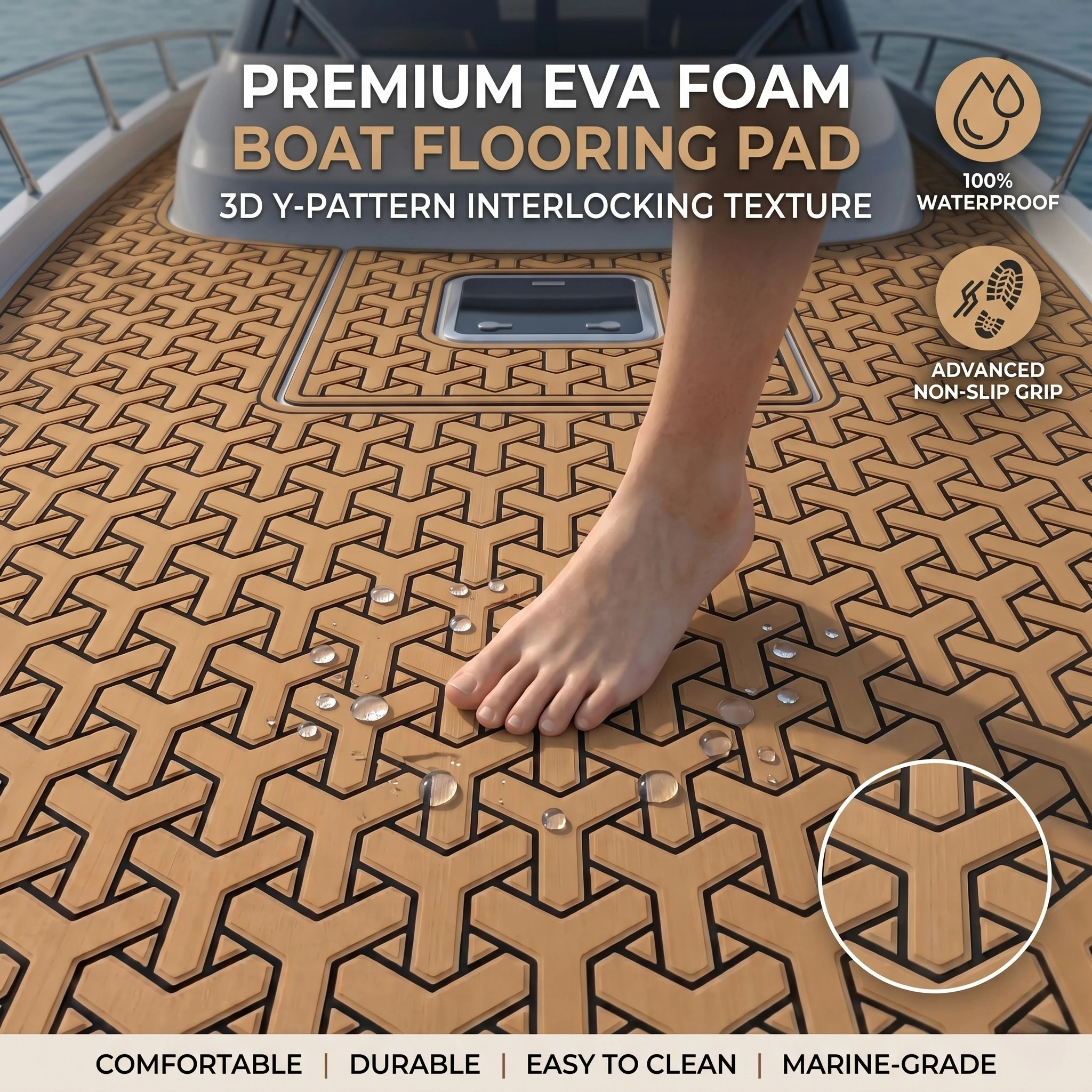 2400x1200x5mm EVA Foam Boat Flooring Pad Engraving 3D Y Texture Faux Teak Decking Sheet Mat Non-Slip Self-Adhesive Boat Deck Pad